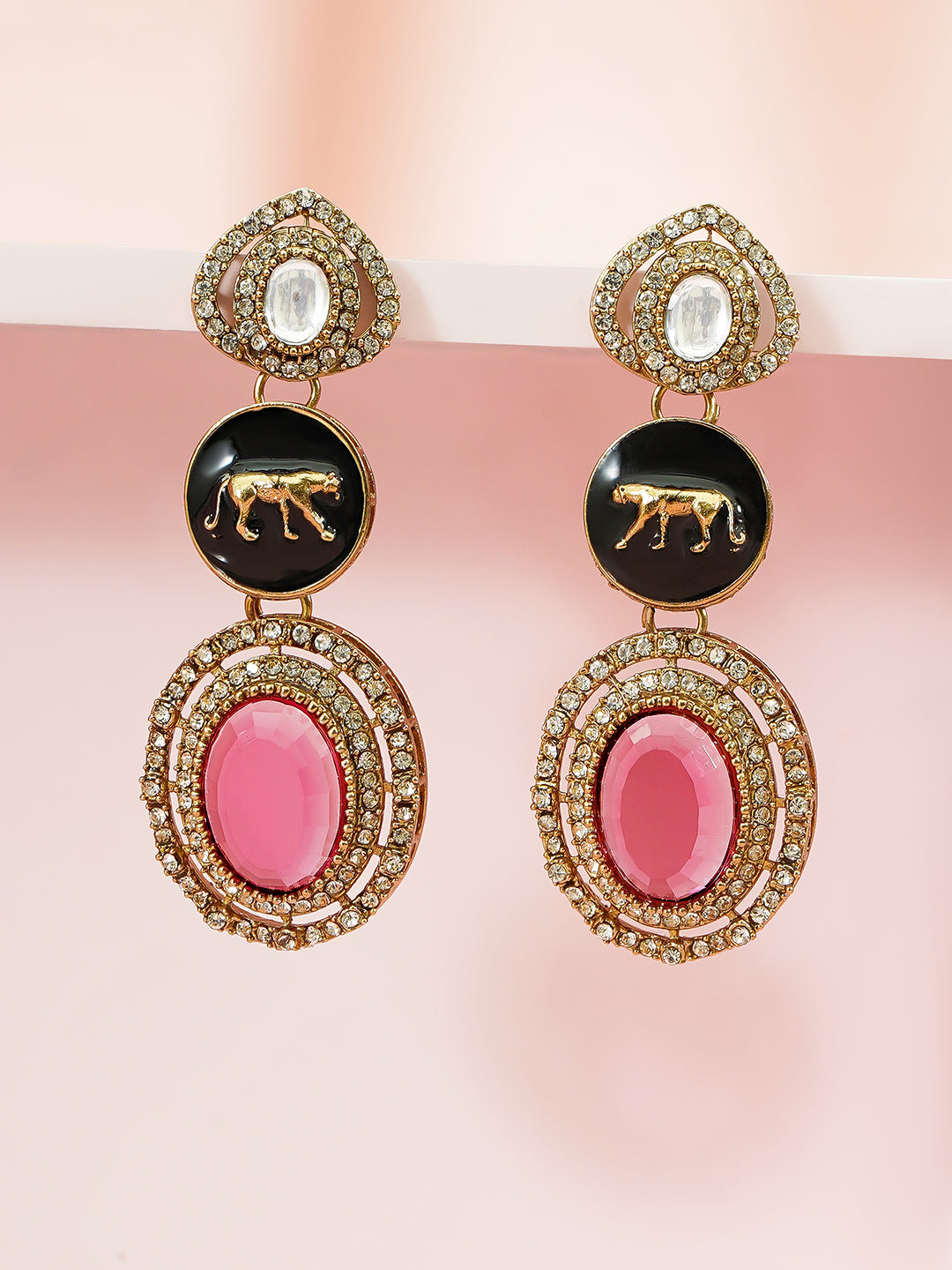 American Diamon Zirconia Black & Pink Dangler Earrings フリーサイズ