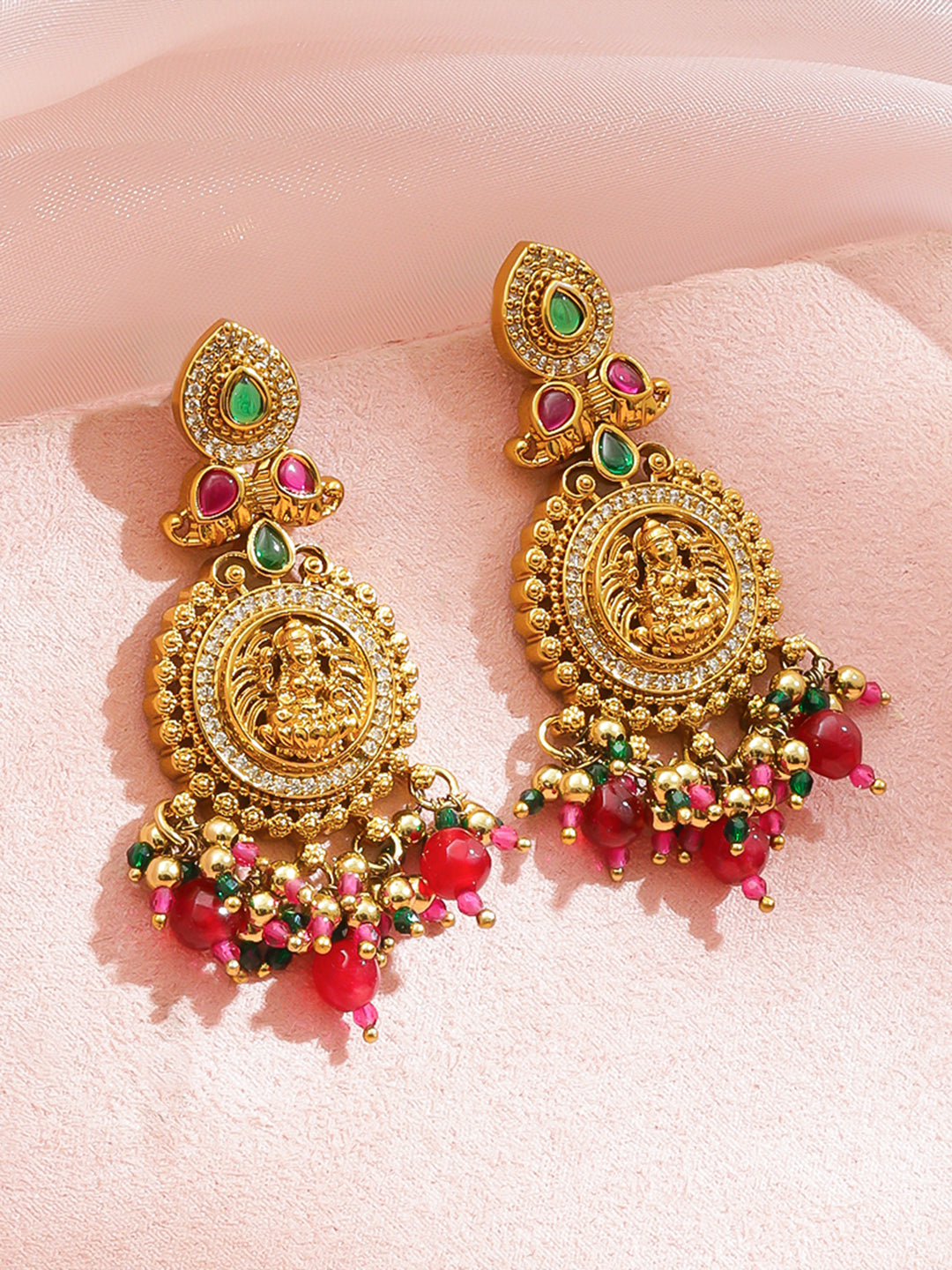 Laxmi Motif Pink Beaded Gold Toned Earrings フリーサイズ