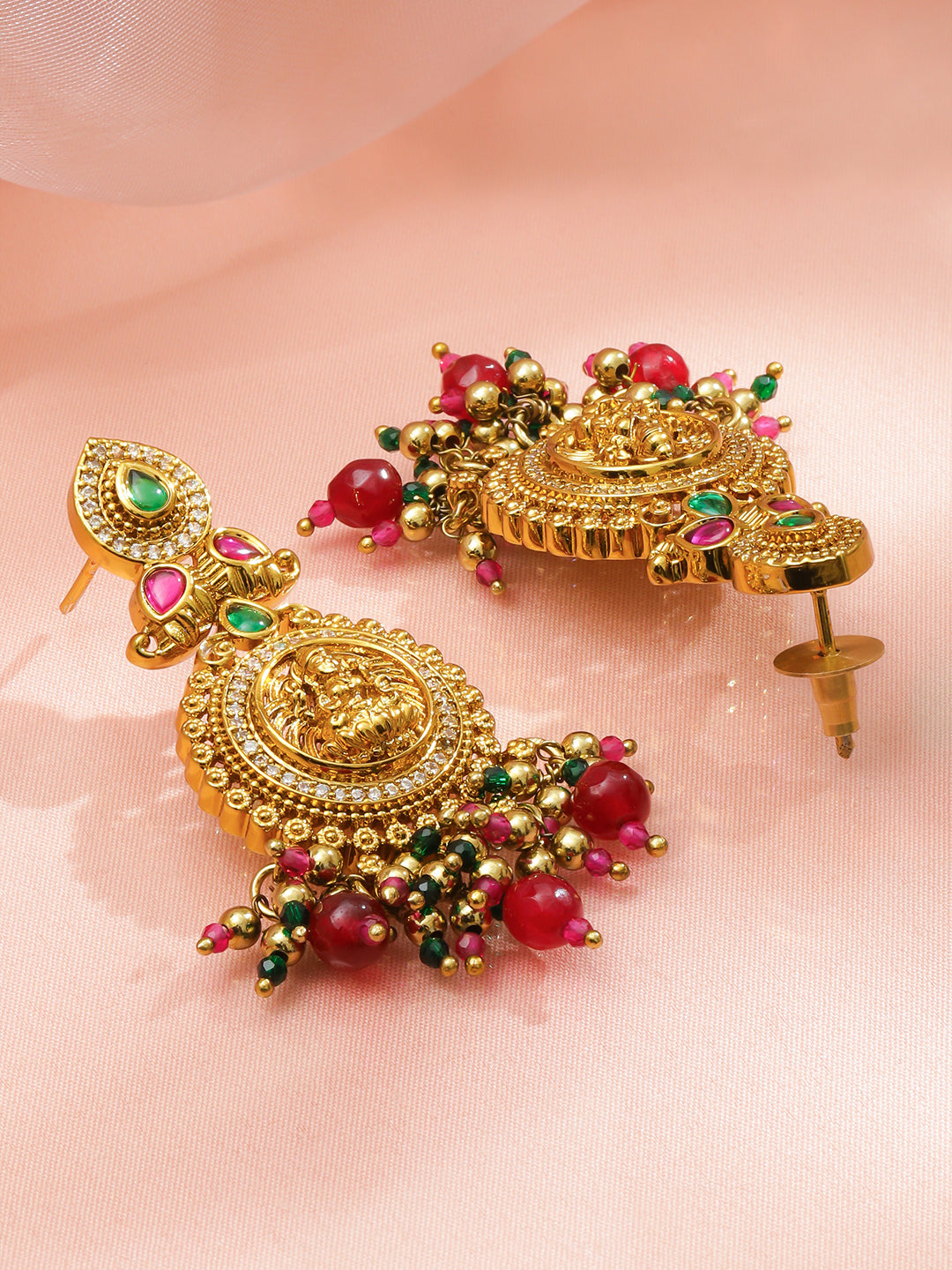 Laxmi Motif Pink Beaded Gold Toned Earrings フリーサイズ