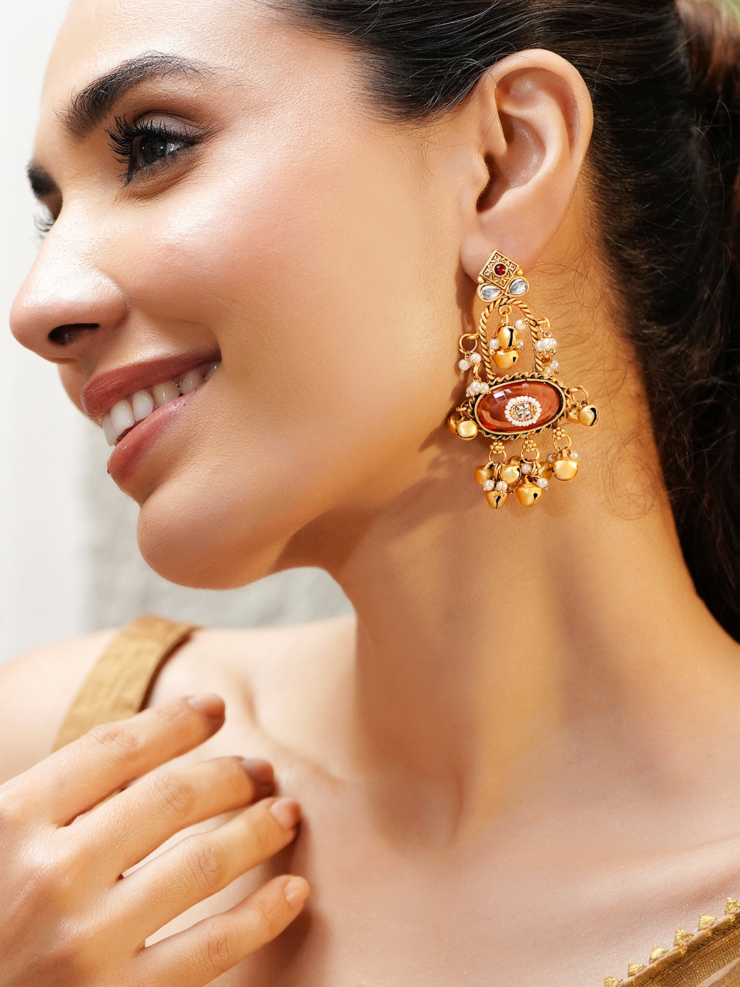 Pink Studded Gold Toned Kashmiri Dangler Earrings フリーサイズ