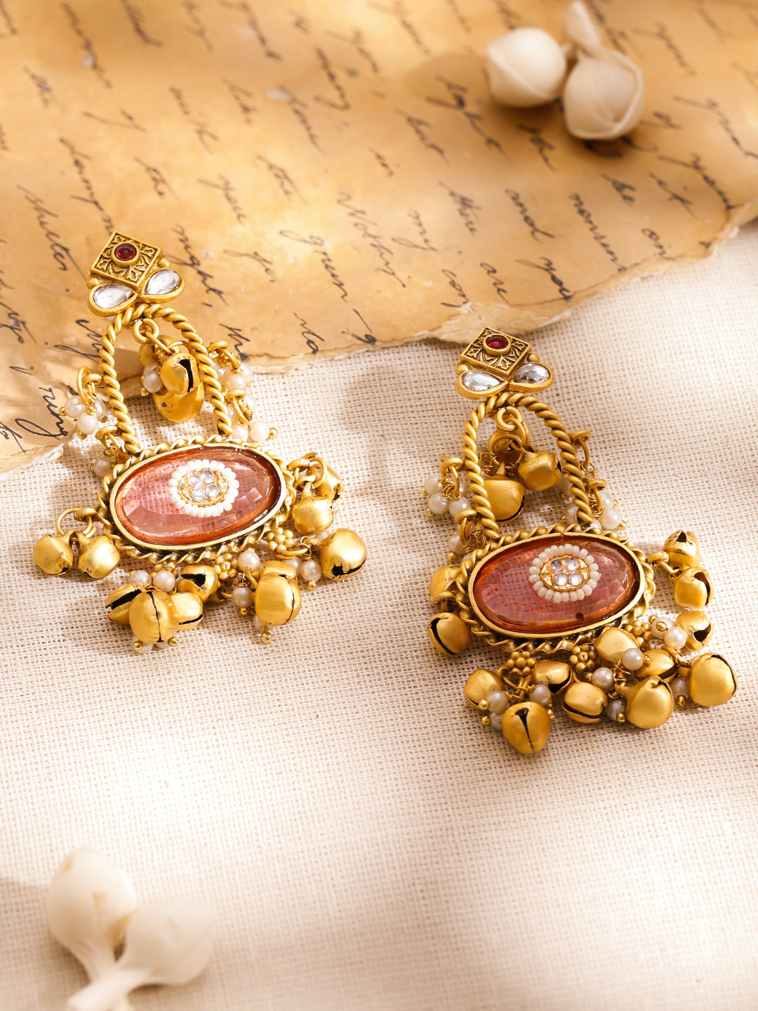 Pink Studded Gold Toned Kashmiri Dangler Earrings フリーサイズ