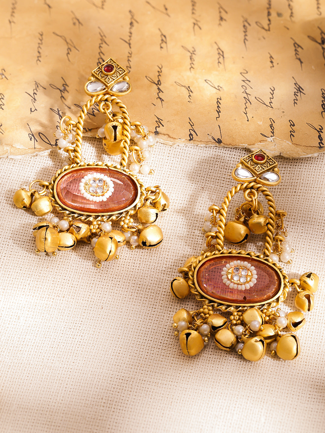Pink Studded Gold Toned Kashmiri Dangler Earrings フリーサイズ