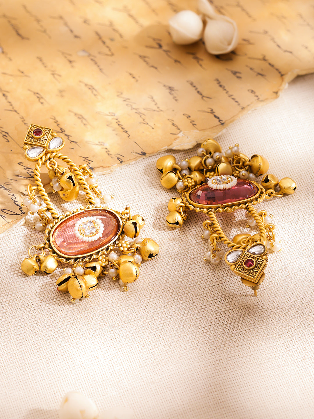 Pink Studded Gold Toned Kashmiri Dangler Earrings フリーサイズ