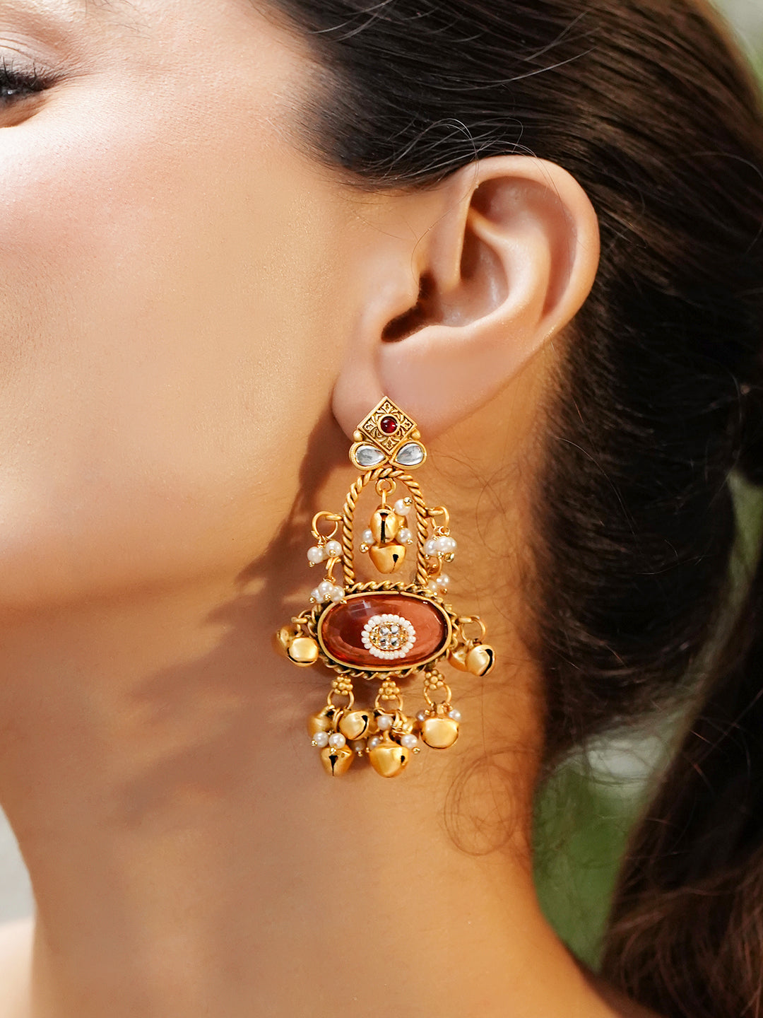 Pink Studded Gold Toned Kashmiri Dangler Earrings フリーサイズ