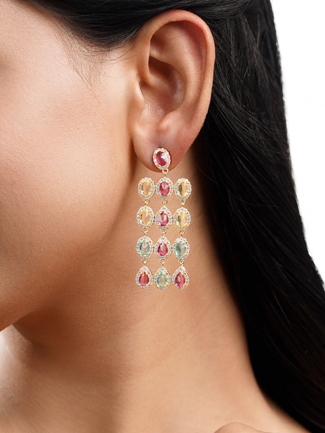 Multicolor Gemstone Cascade Dangler Earrings フリーサイズ