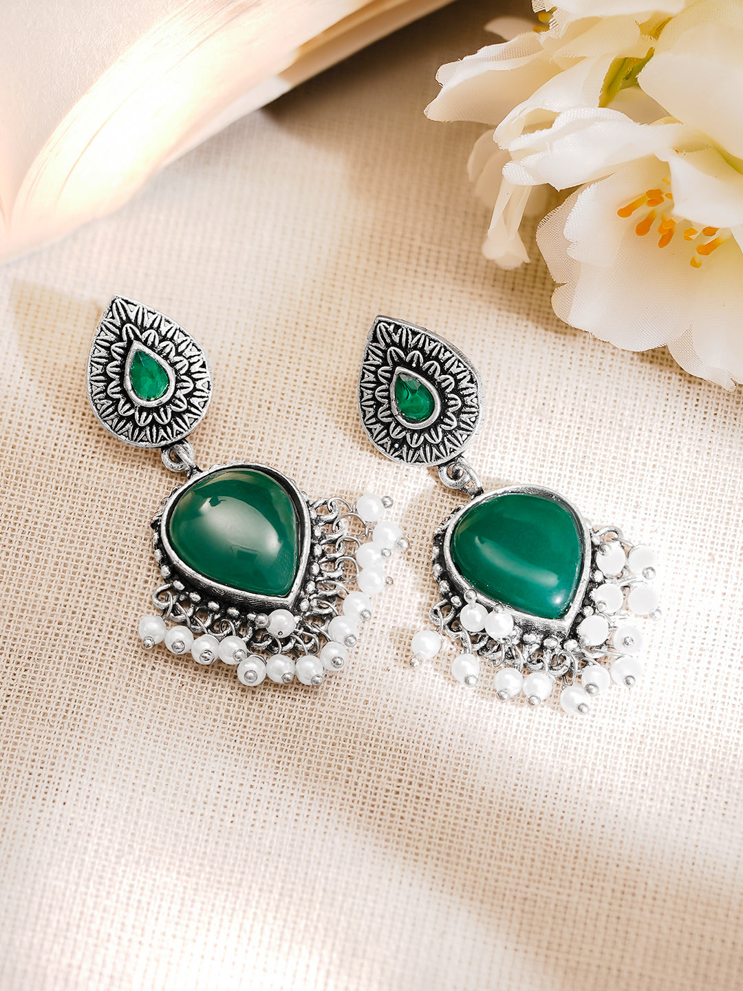 Oxidised Silver Tone Brass Emerald Green Pearl Drop Earrings フリーサイズ