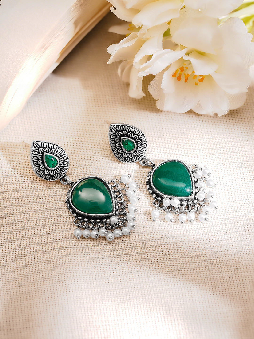 Oxidised Silver Tone Brass Emerald Green Pearl Drop Earrings フリーサイズ