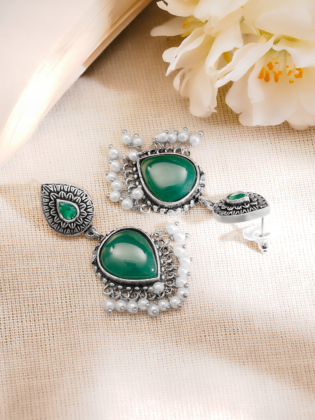Oxidised Silver Tone Brass Emerald Green Pearl Drop Earrings フリーサイズ
