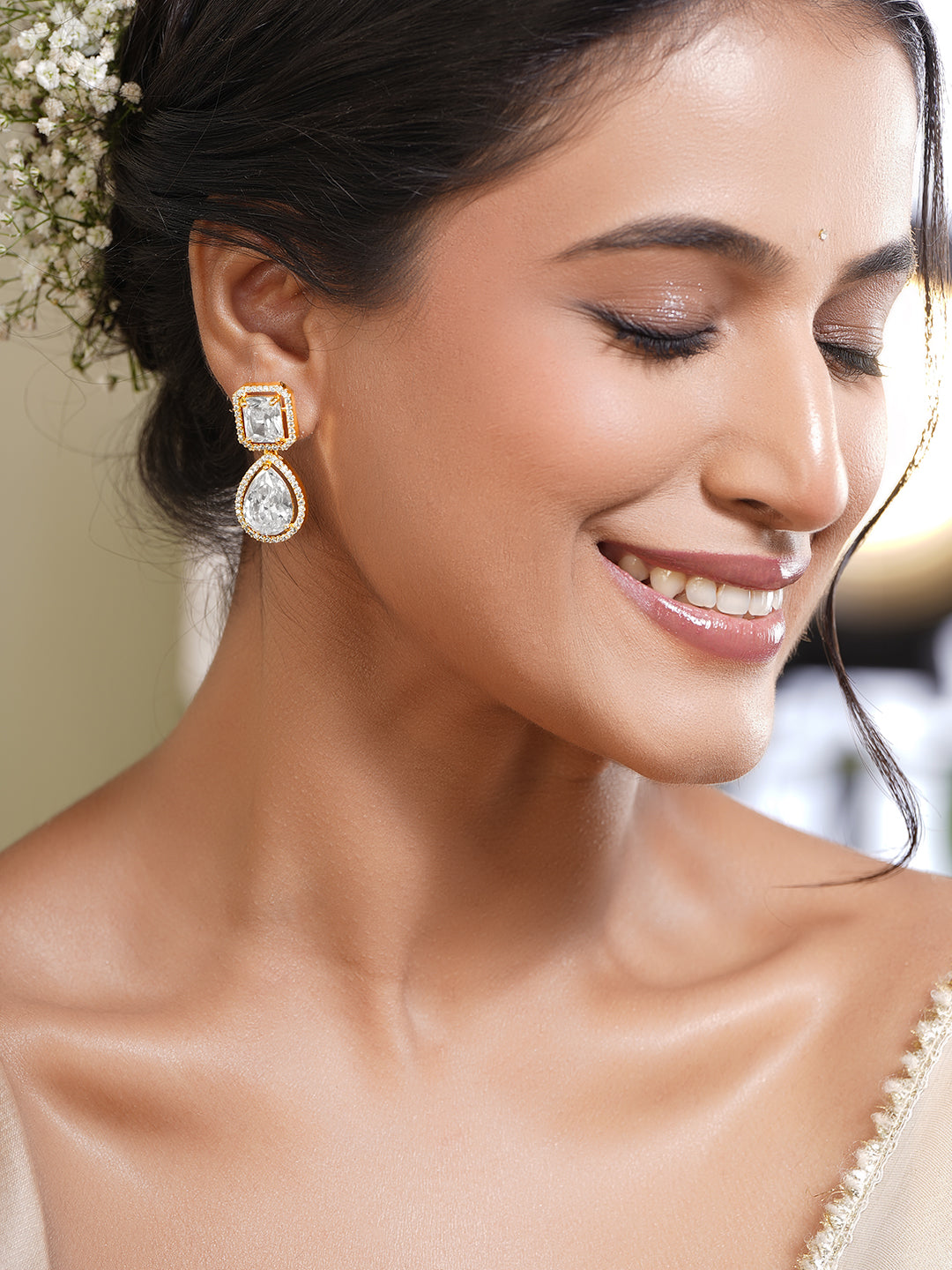 Luxury Gold Cubic Zirconia Drop Earrings フリーサイズ