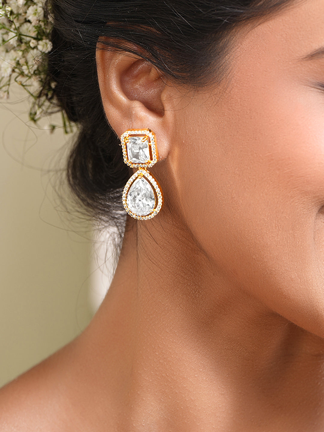Luxury Gold Cubic Zirconia Drop Earrings フリーサイズ