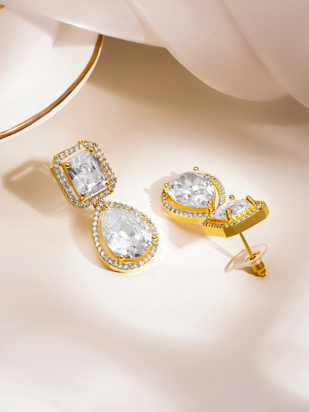 Luxury Gold Cubic Zirconia Drop Earrings フリーサイズ