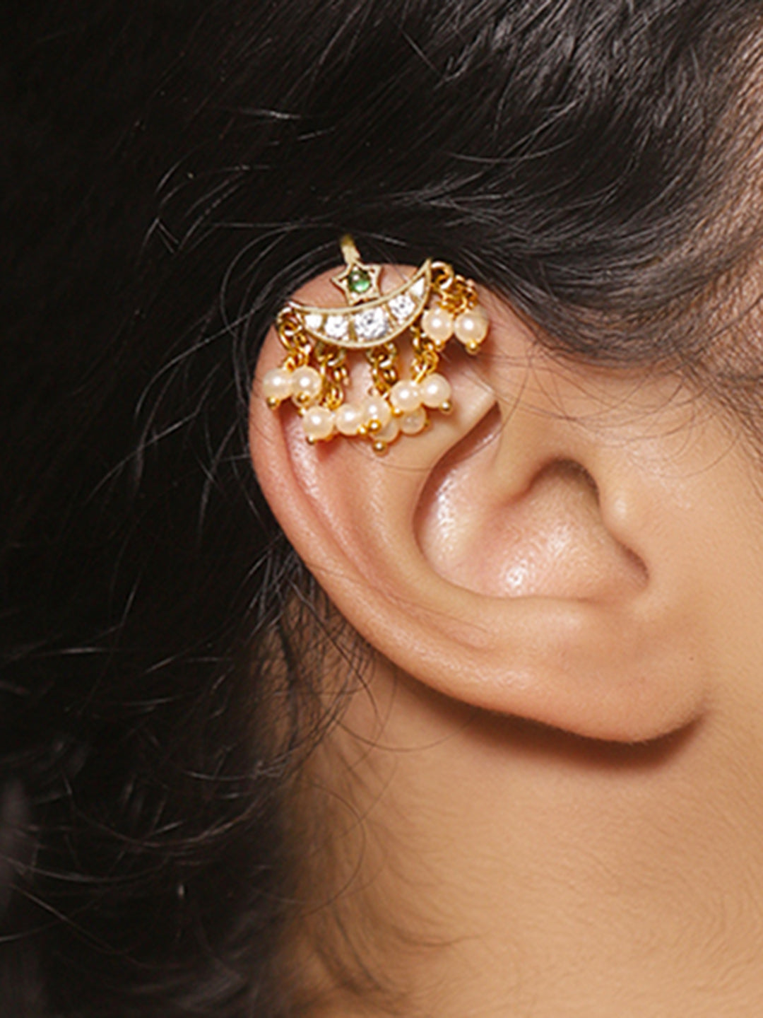 Half Moon with Pearl Drops Ear Cuffs フリーサイズ