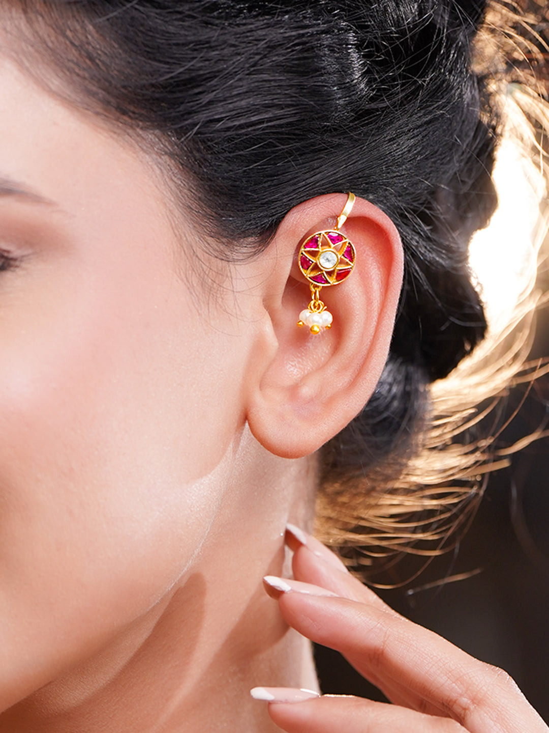 Festive Kundan Pearl Cluster Ear Cuffs フリーサイズ