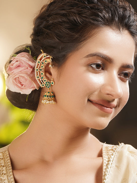 Gold Plated Brass Green Kundan Beaded Ear Cuff Jhumka Earrings フリーサイズ