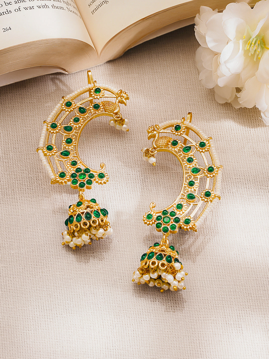 Gold Plated Brass Green Kundan Beaded Ear Cuff Jhumka Earrings フリーサイズ