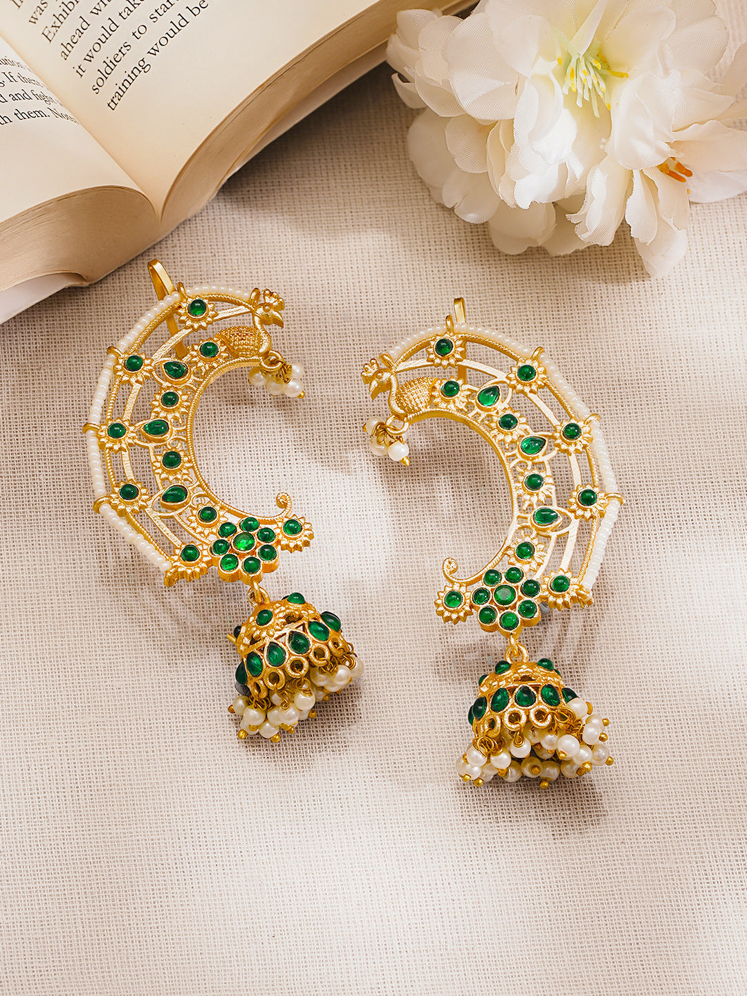 Gold Plated Brass Green Kundan Beaded Ear Cuff Jhumka Earrings フリーサイズ