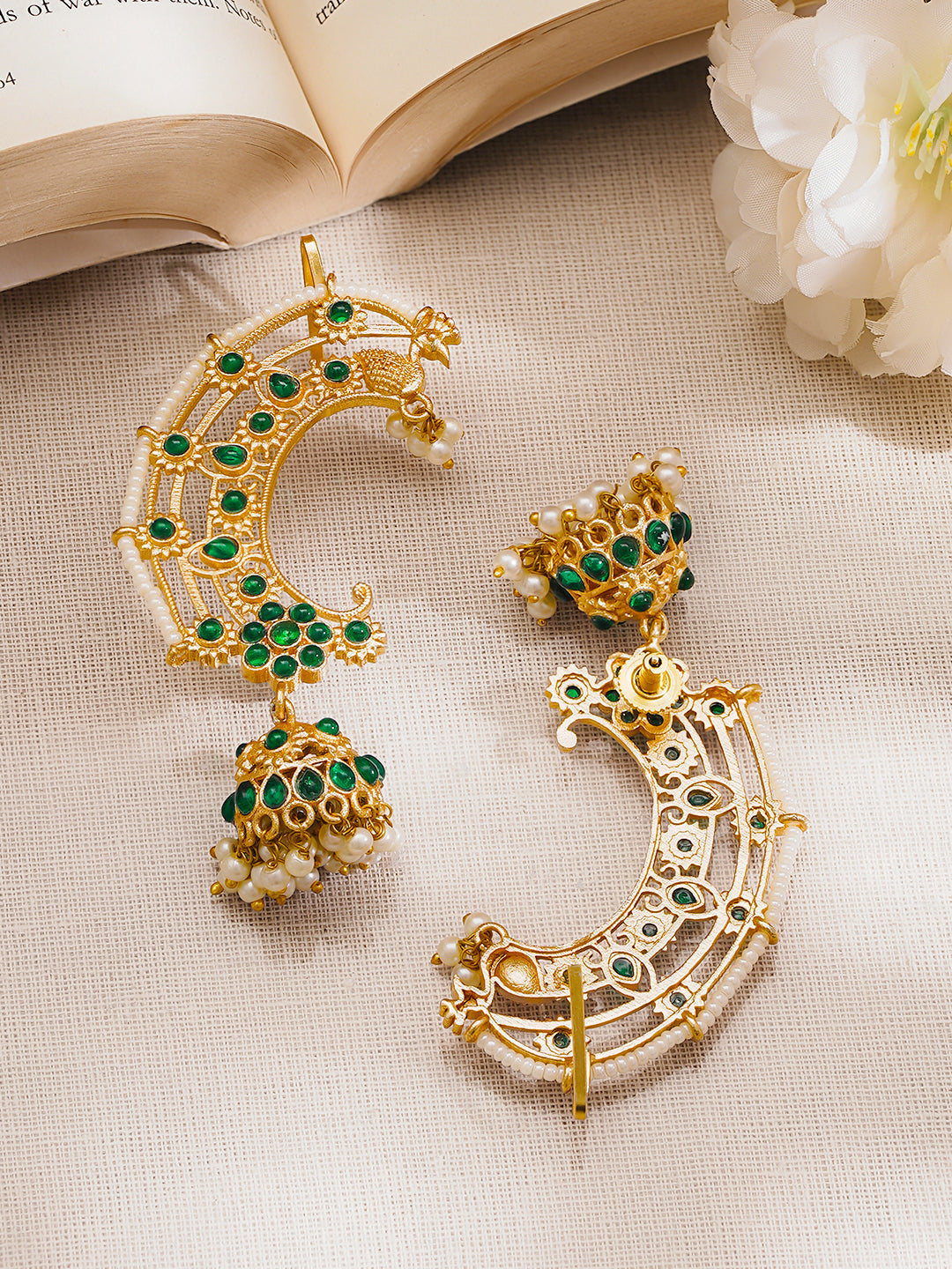 Gold Plated Brass Green Kundan Beaded Ear Cuff Jhumka Earrings フリーサイズ