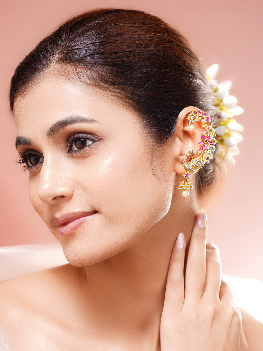 Peacock Zirconia Ear Cuff Drop Earrings フリーサイズ