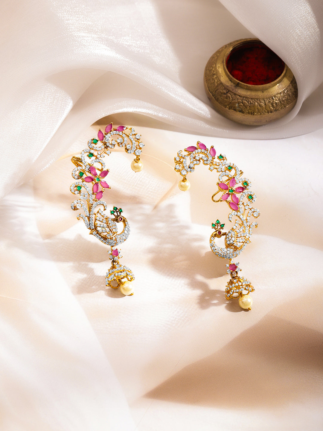 Peacock Zirconia Ear Cuff Drop Earrings フリーサイズ