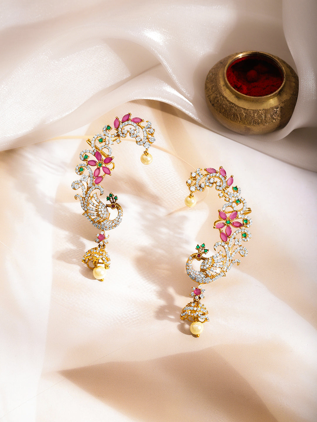Peacock Zirconia Ear Cuff Drop Earrings フリーサイズ