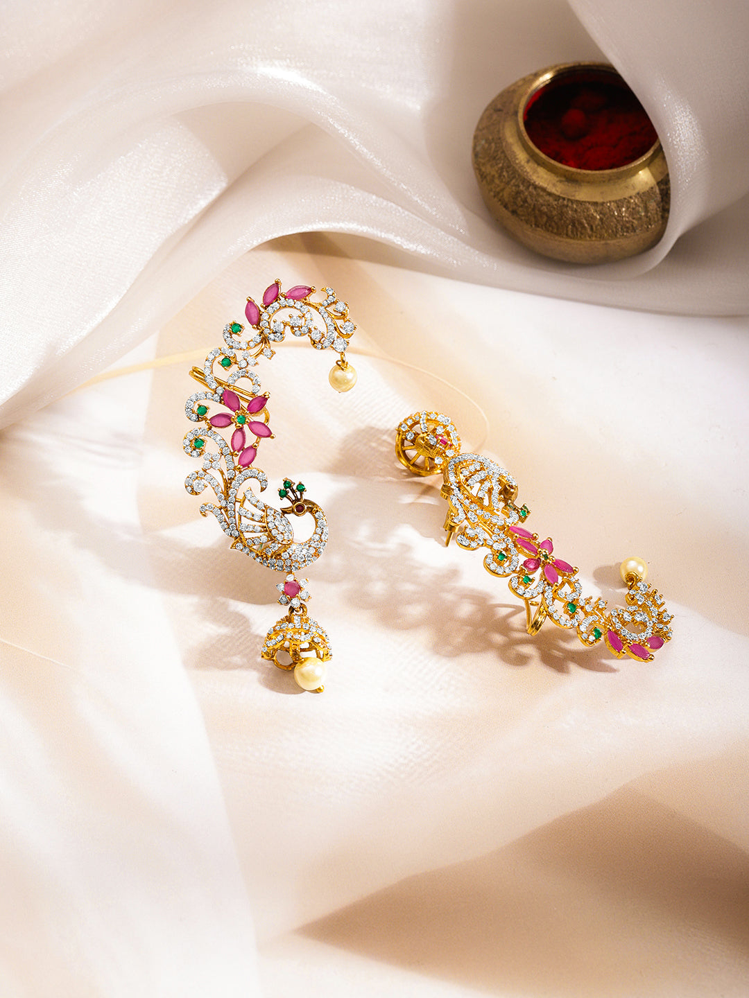 Peacock Zirconia Ear Cuff Drop Earrings フリーサイズ