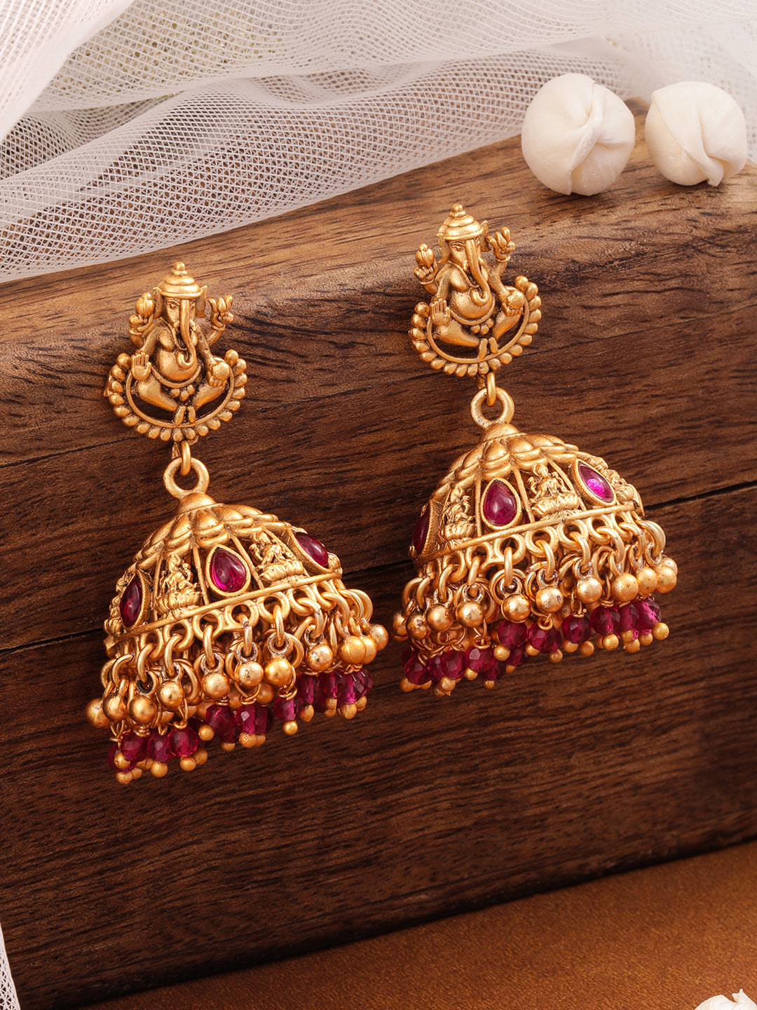 Temple Glow Lord Ganesha Motif Red Jhumka フリーサイズ