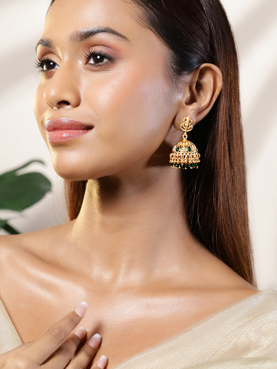 Temple Glow Lord Ganesha Motif Green Jhumka Gold