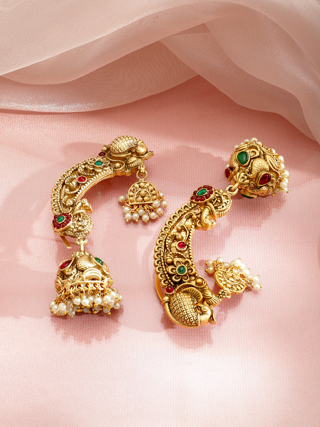 Peacock Motif Pearl Drop Gold Toned Jhumkas フリーサイズ