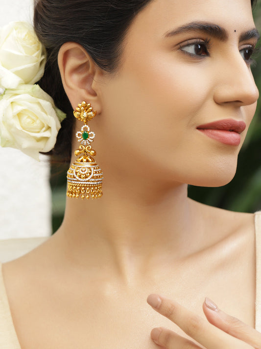 Green & White Studded Gold Drop Jhumkas フリーサイズ