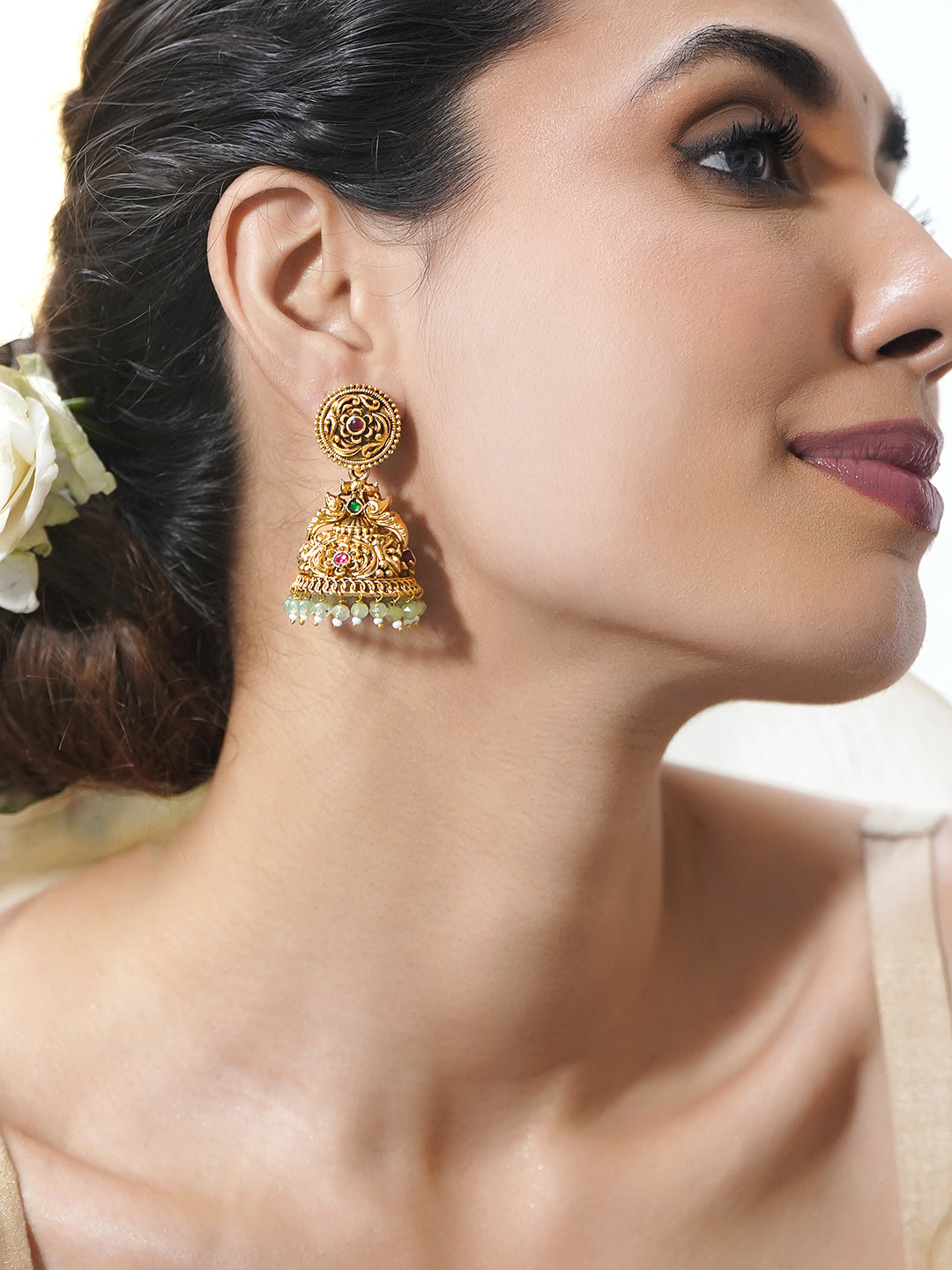 Green Beaded Gold Jhumkas フリーサイズ