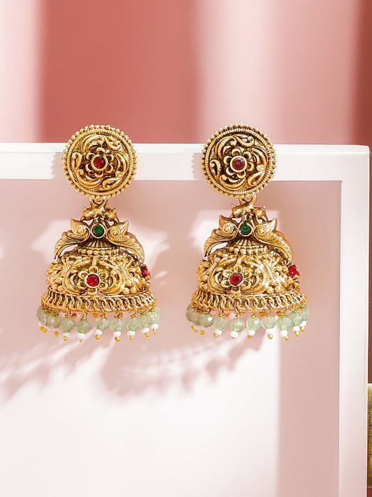 Green Beaded Gold Jhumkas フリーサイズ