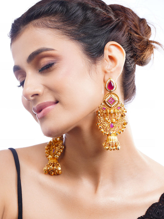 【Rubans】 Gold-Plated Ruby Pink Ghungroo Jhumka Earrings｜ゴールドメッキ ルビーピンク グングルー ジュムカイヤリング