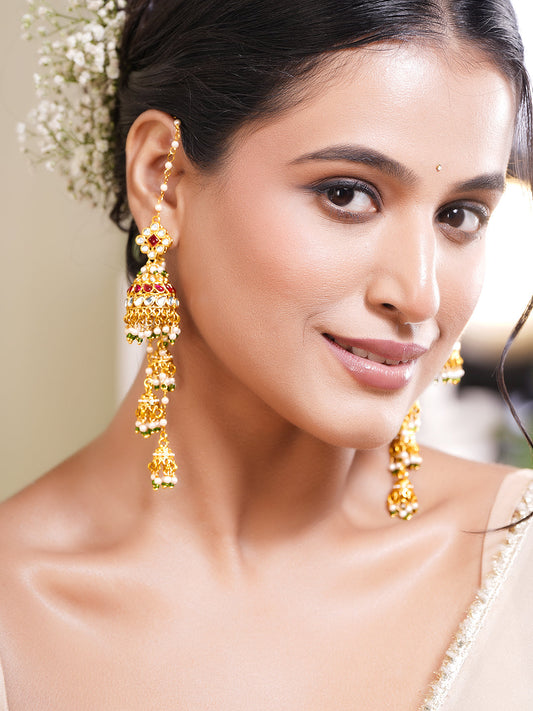 【Rubans】 Gold Plated Ruby Kundan Pearl Kaan Chain Jhumka Earrings｜ゴールドメッキ ルビー クンダン パール カーンチェーン付き ジュムカ イヤリング