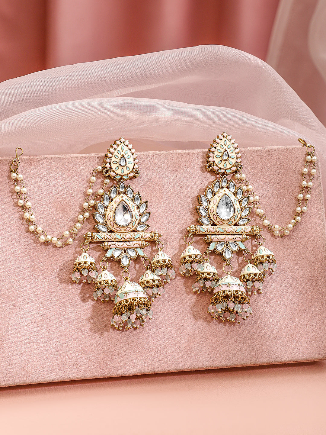 Luxe Radiance Kundan Jhumka with Kaan Chain フリーサイズ
