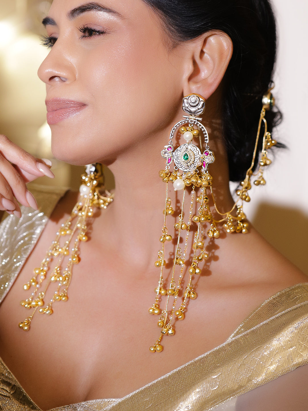 Floral Gold Beaded Kashmiri Earrings With Kaan Chain フリーサイズ