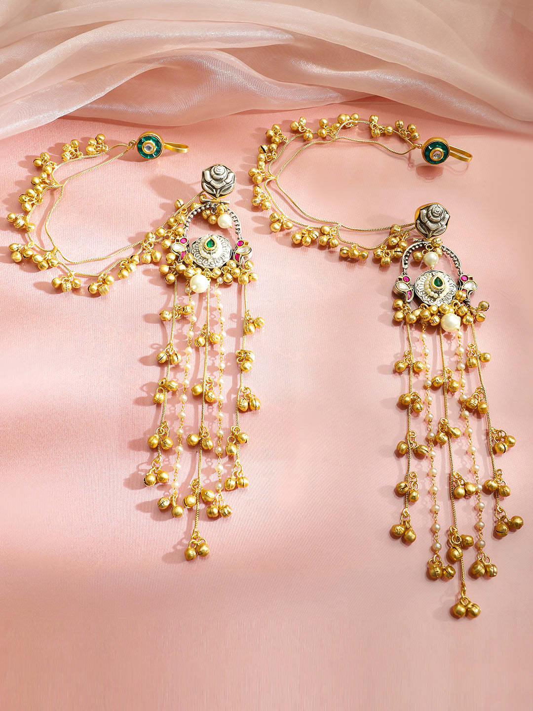 Floral Gold Beaded Kashmiri Earrings With Kaan Chain フリーサイズ
