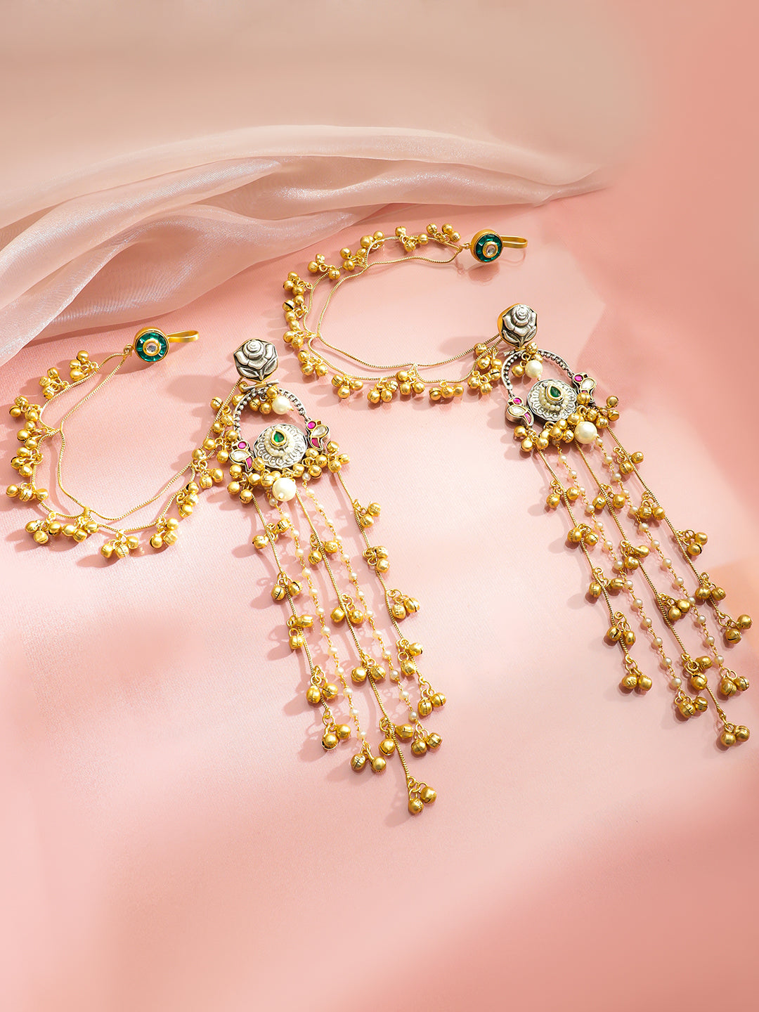 Floral Gold Beaded Kashmiri Earrings With Kaan Chain フリーサイズ