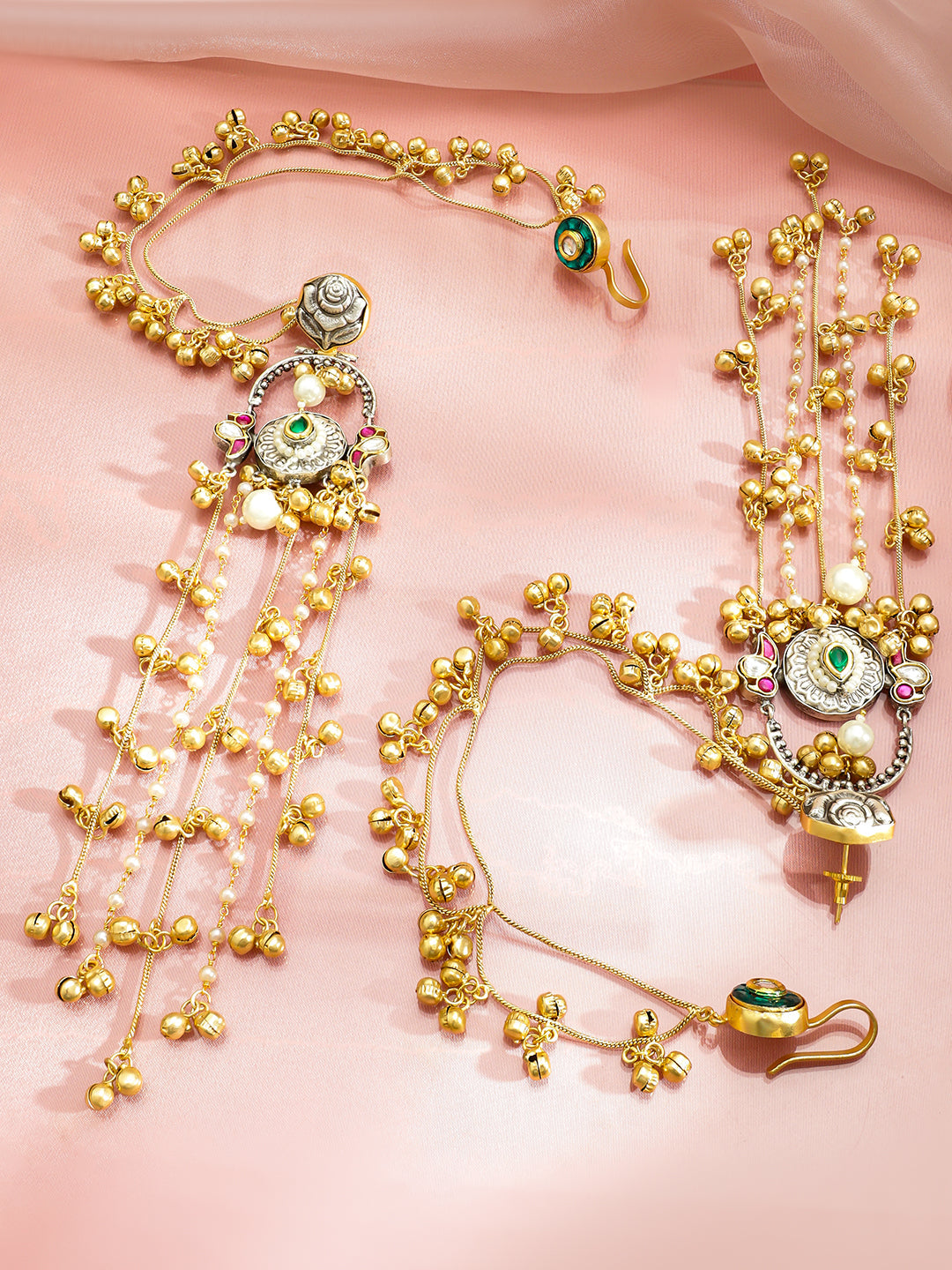Floral Gold Beaded Kashmiri Earrings With Kaan Chain フリーサイズ