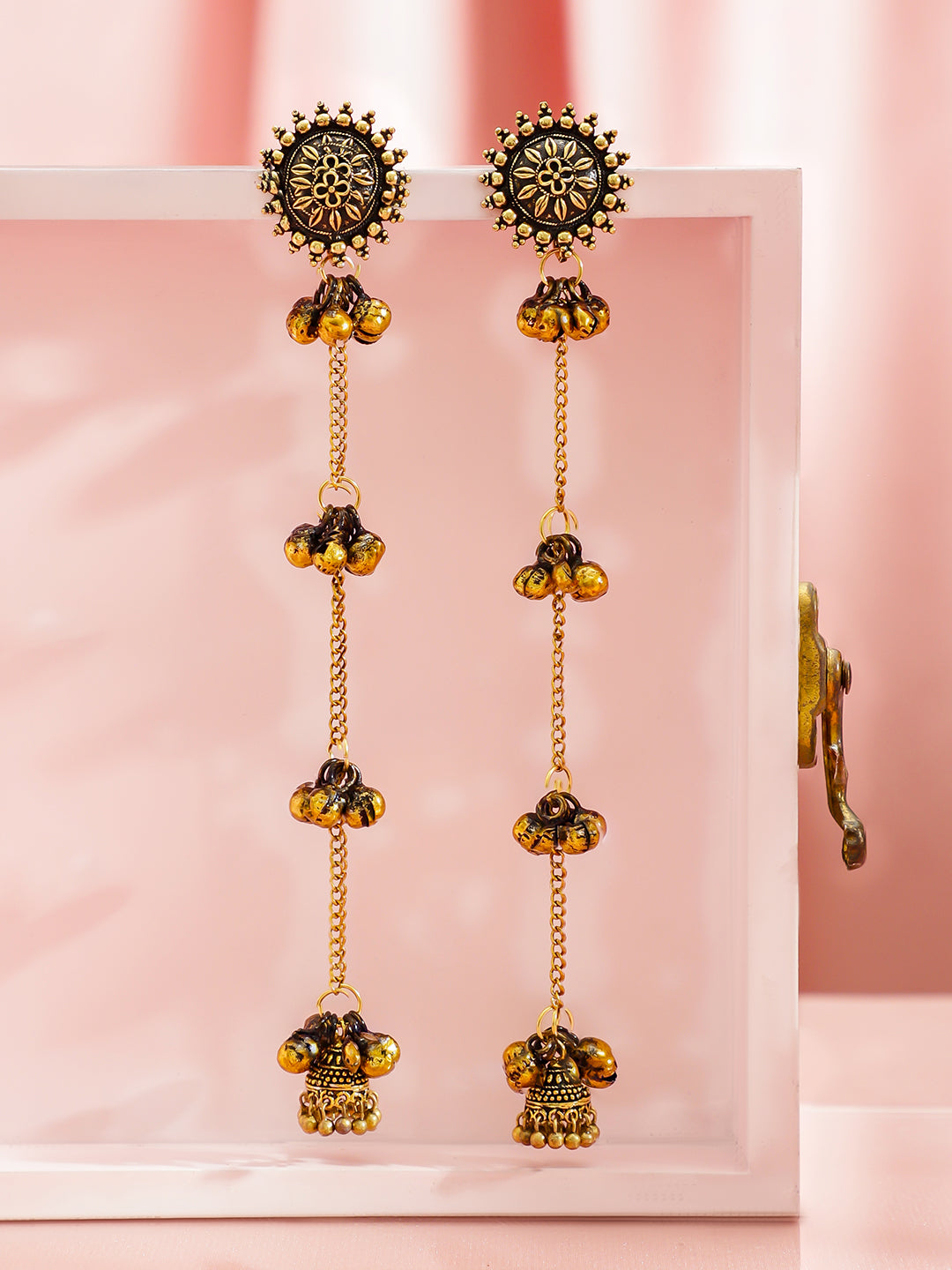 Long Kashmiri Jhumkas With Gold Beads フリーサイズ