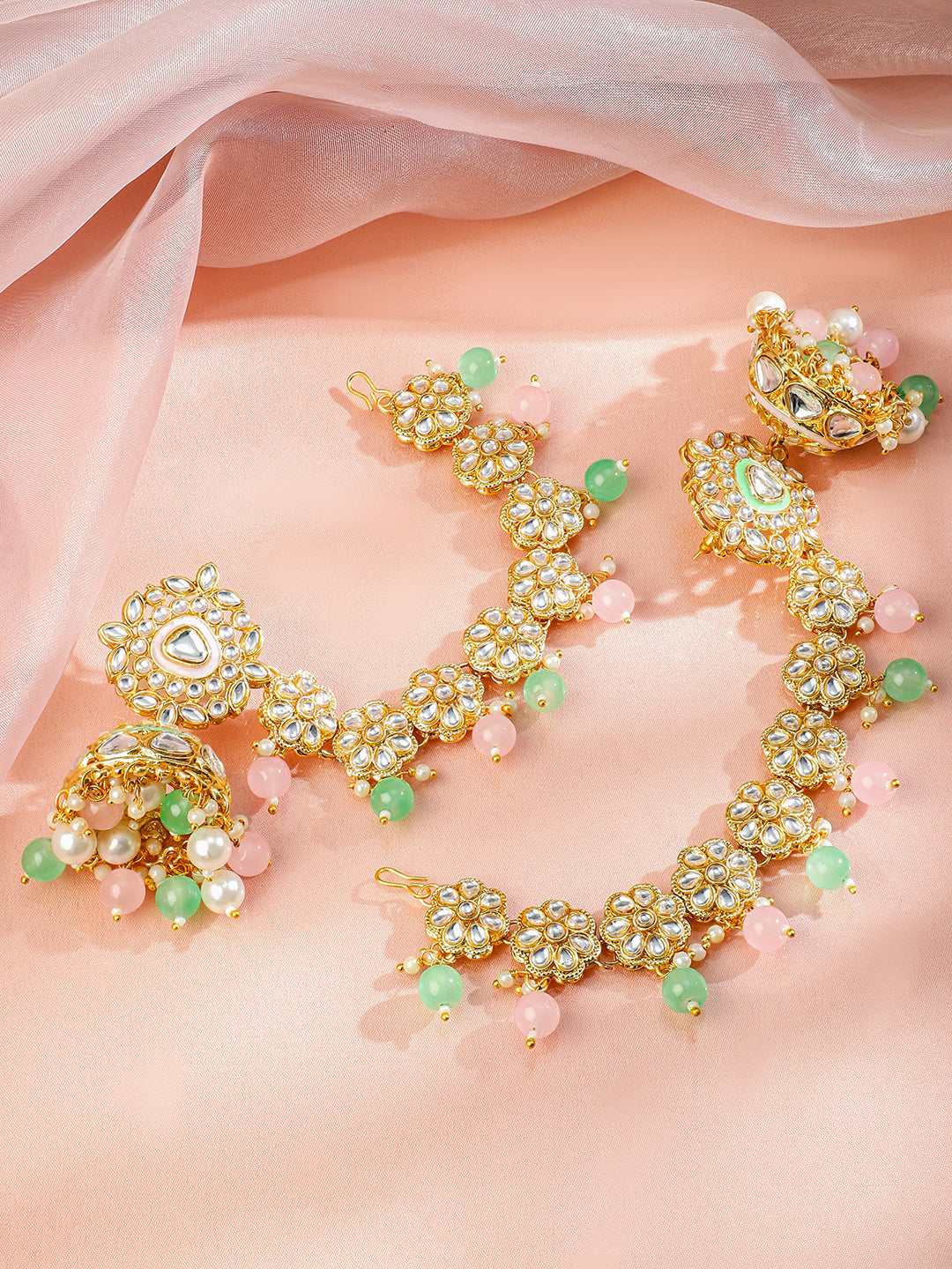 Royal Kaan Chain Kundan Mint Green Jhumka Earrings フリーサイズ