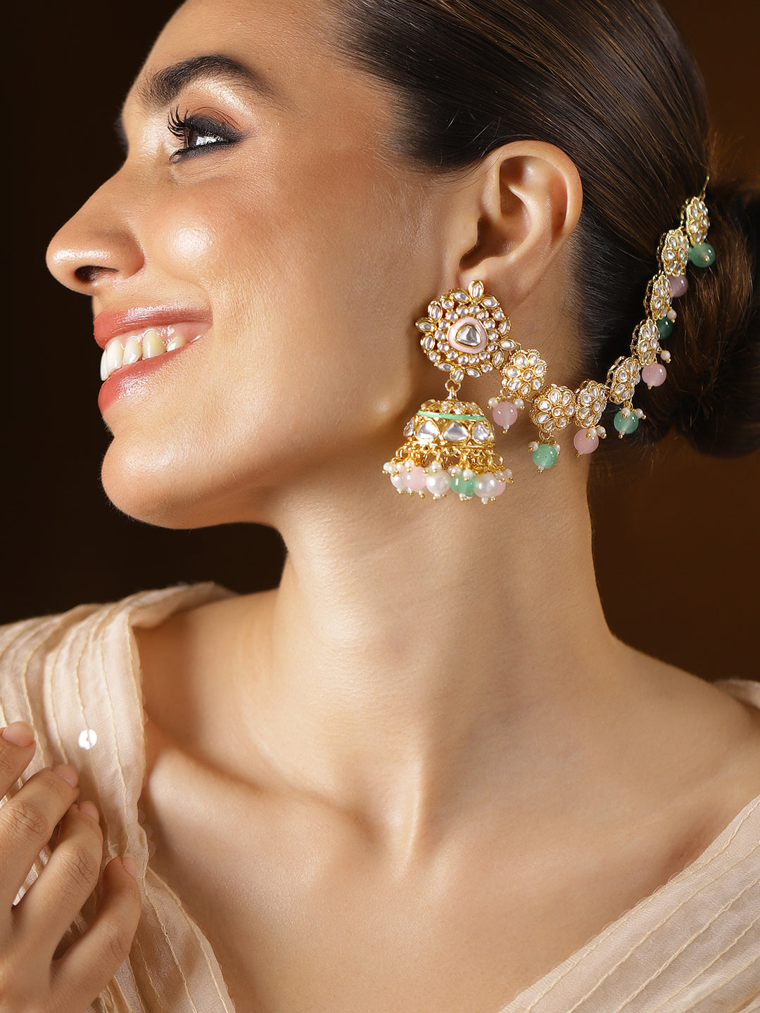 Royal Kaan Chain Kundan Mint Green Jhumka Earrings フリーサイズ
