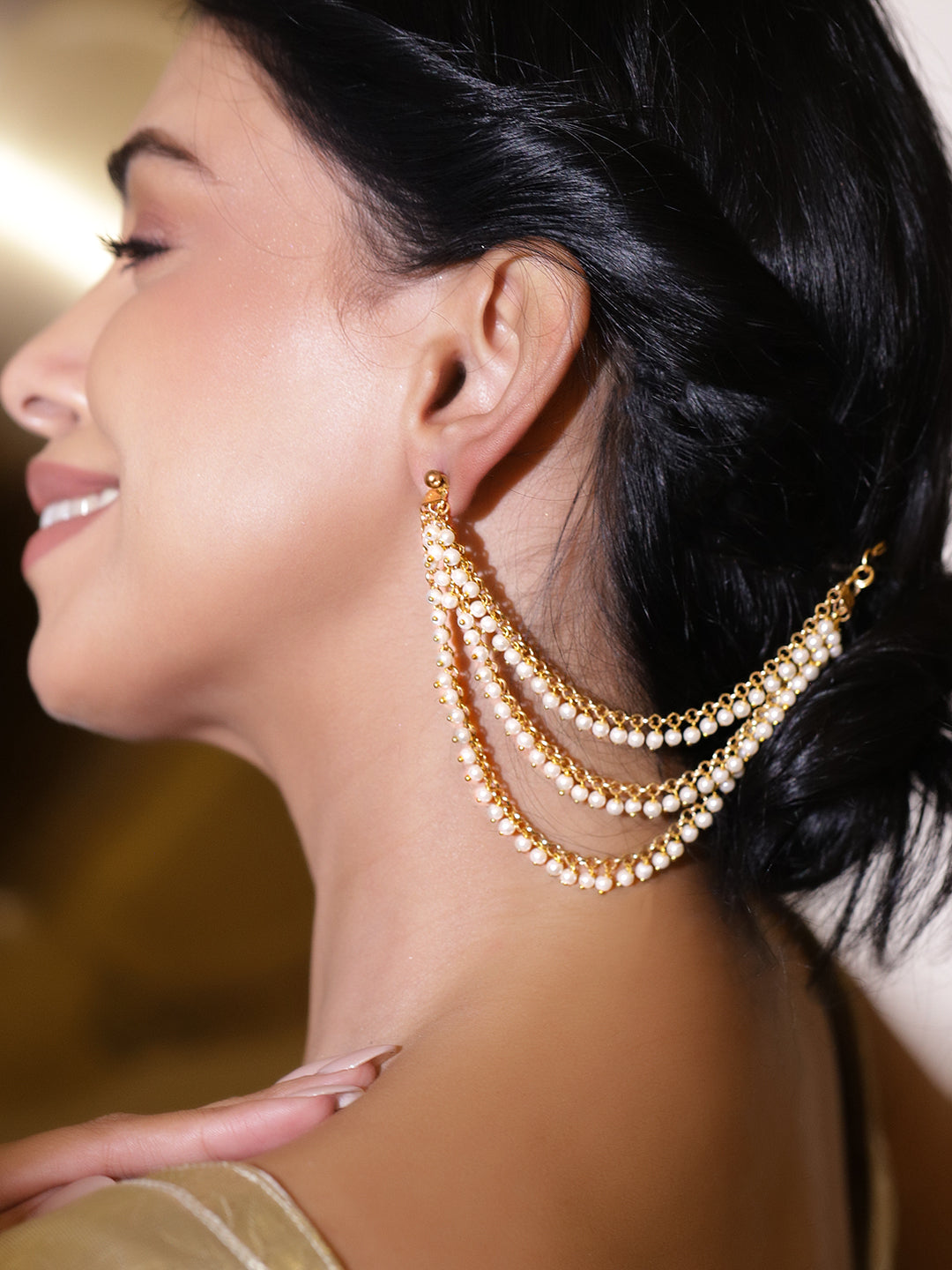 Pearl Embellished Triple Layered Gold Kaan Chain フリーサイズ