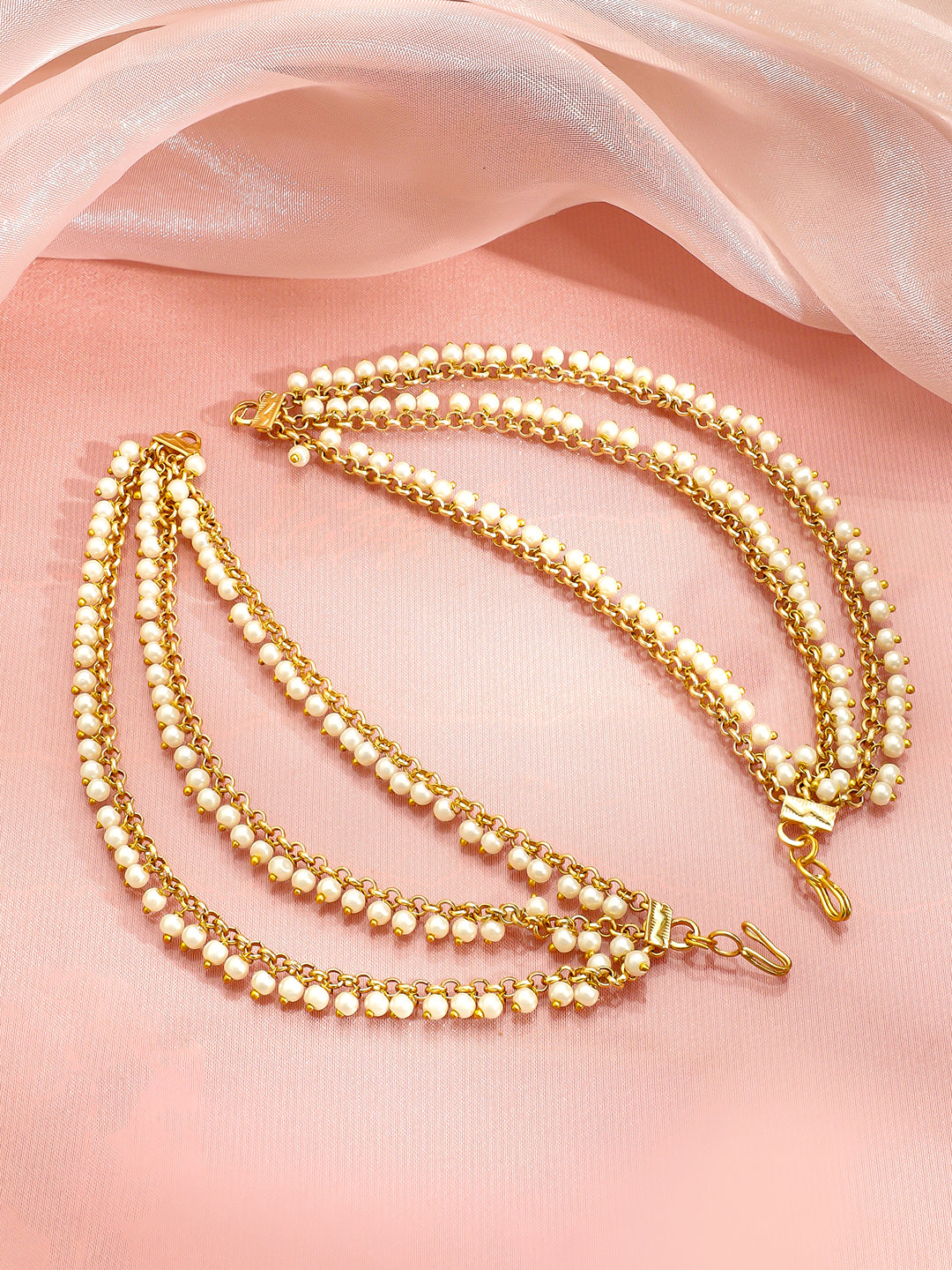 Pearl Embellished Triple Layered Gold Kaan Chain フリーサイズ