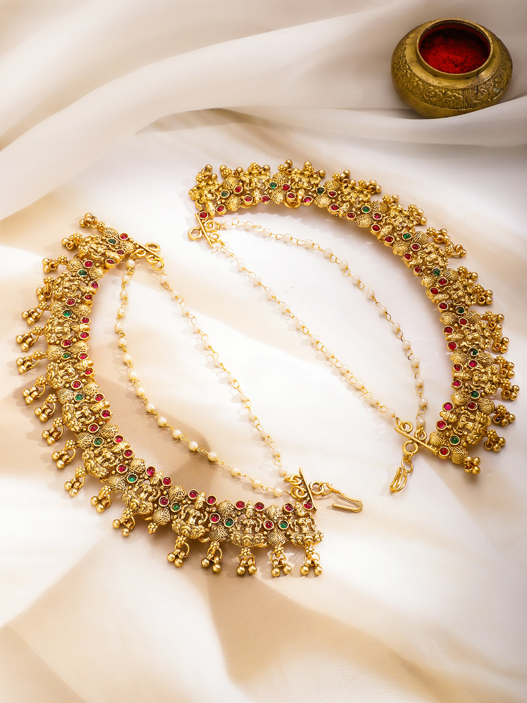 Pink & Green Studded Gold Temple Kaan Chain フリーサイズ