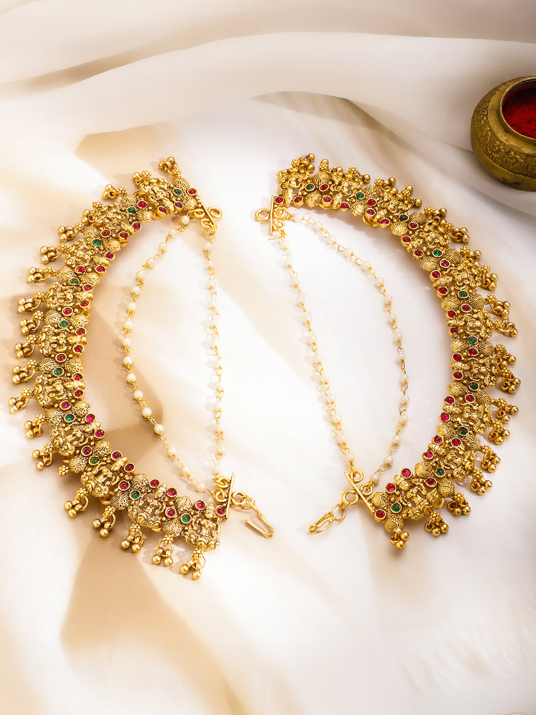 Pink & Green Studded Gold Temple Kaan Chain フリーサイズ