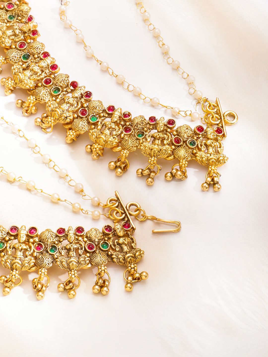 Pink & Green Studded Gold Temple Kaan Chain フリーサイズ