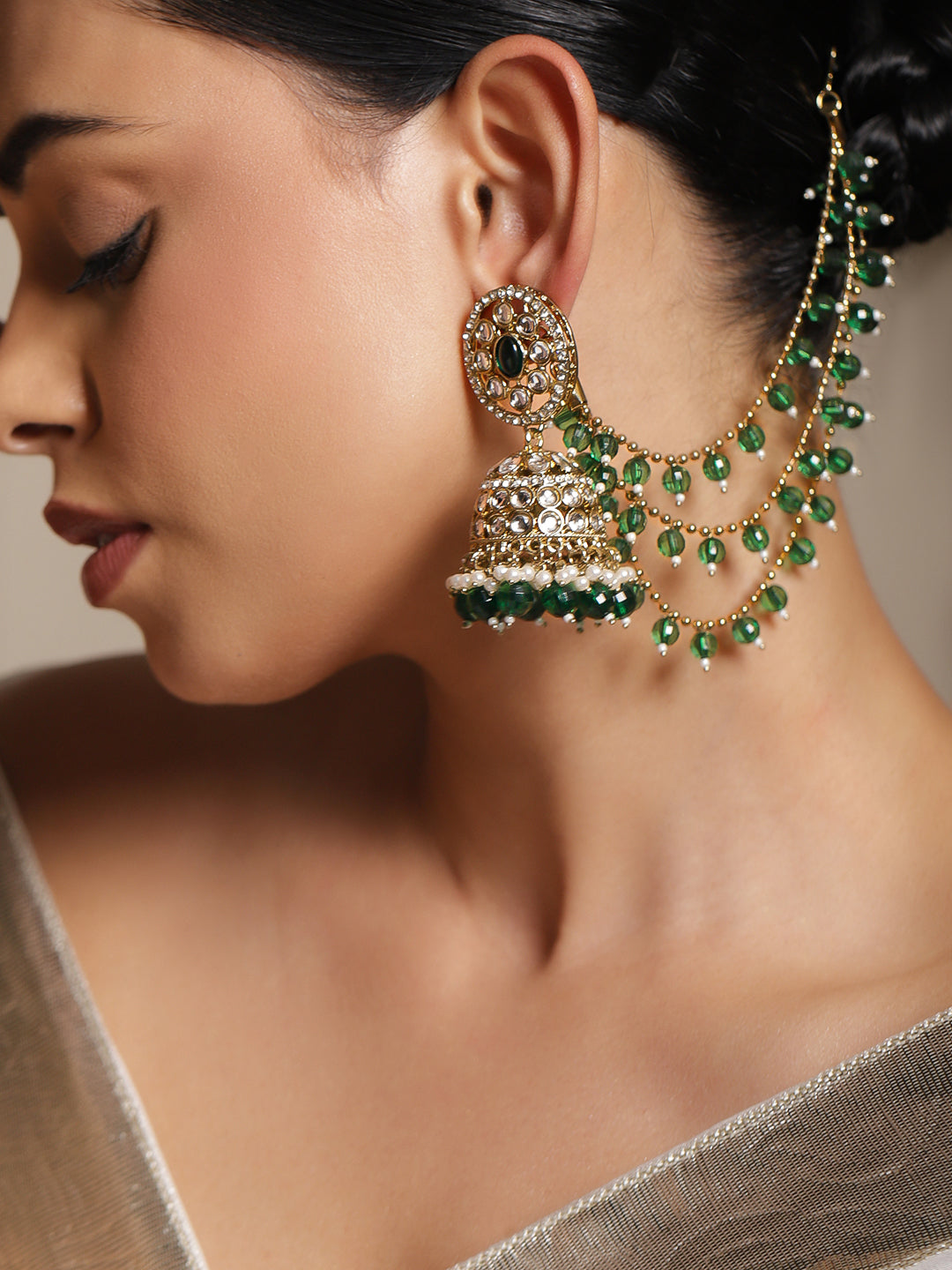 Heritage Grace Green Beaded Jhumka with Kaan Chain フリーサイズ