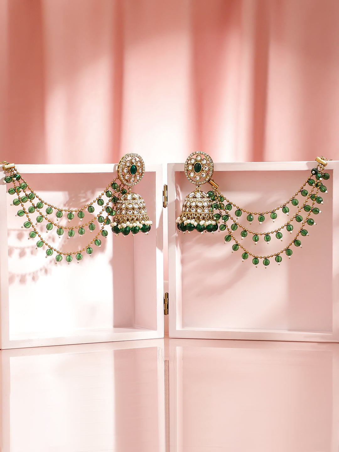 Heritage Grace Green Beaded Jhumka with Kaan Chain フリーサイズ