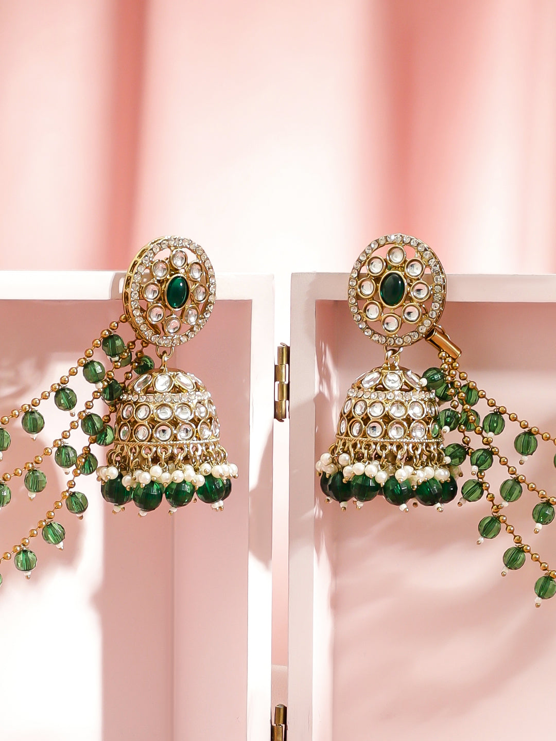 Heritage Grace Green Beaded Jhumka with Kaan Chain フリーサイズ