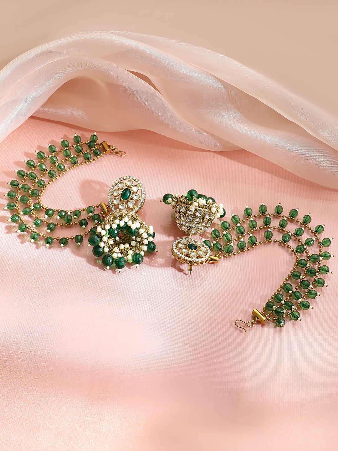Heritage Grace Green Beaded Jhumka with Kaan Chain フリーサイズ